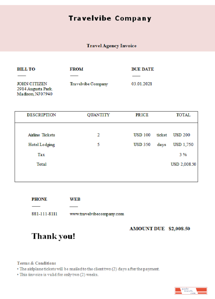 USA Travelvibe Company invoice PSD template